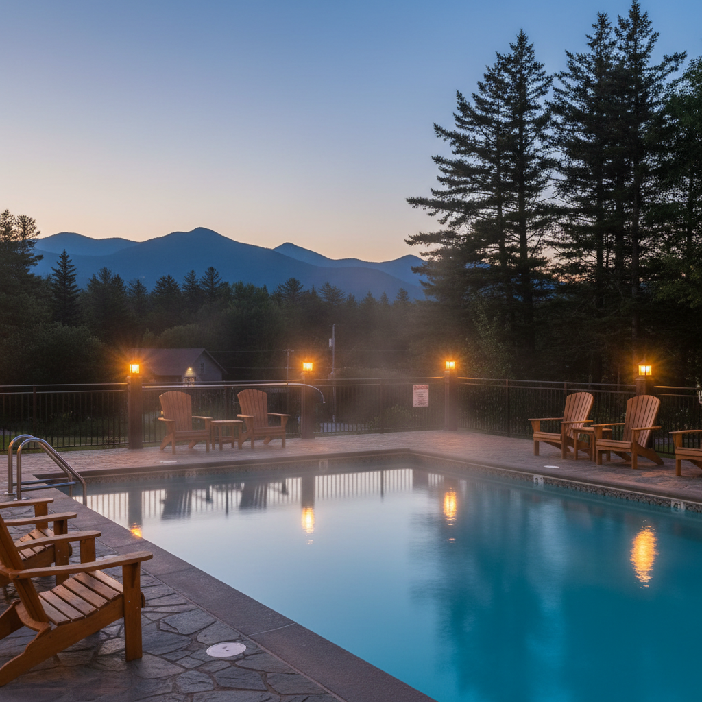 Twilight view of heated outdoor pool with mountain silhouettes at a North Conway motel