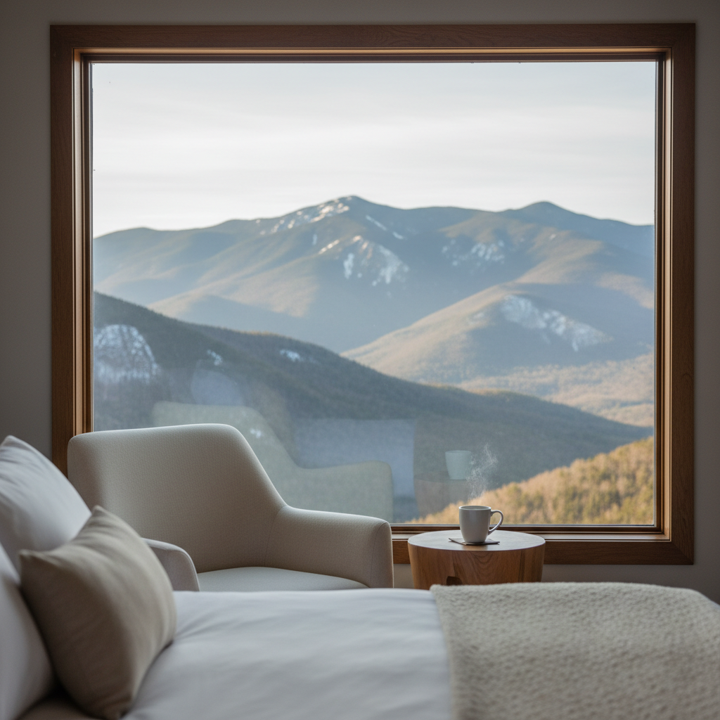 Guest room window framing White Mountains with cozy chair and coffee, choosing a North Conway motel with mountain views