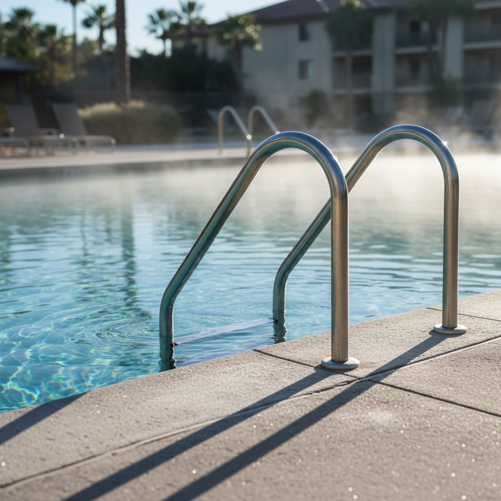 Close-up stainless ladder entering warm heated outdoor pool water with gentle steam in North Conway; family-friendly lodging amenity