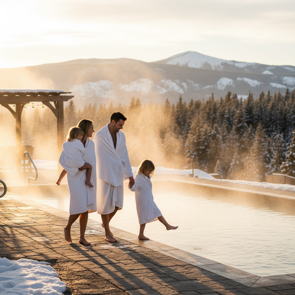 Family walking beside a glowing seasonal heated outdoor pool at golden hour with snow-dusted mountains in North Conway, NH
