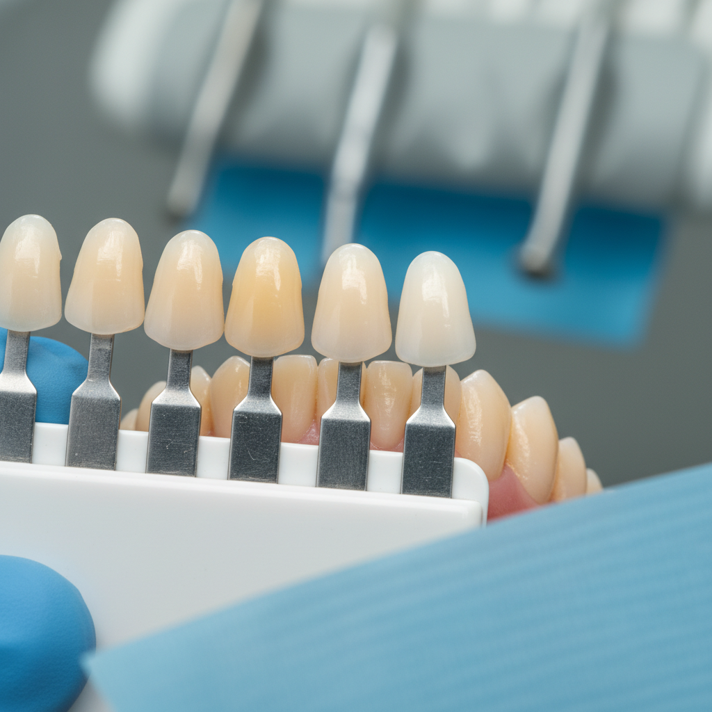 close-up dental shade guide comparison during teeth whitening consultation in North York
