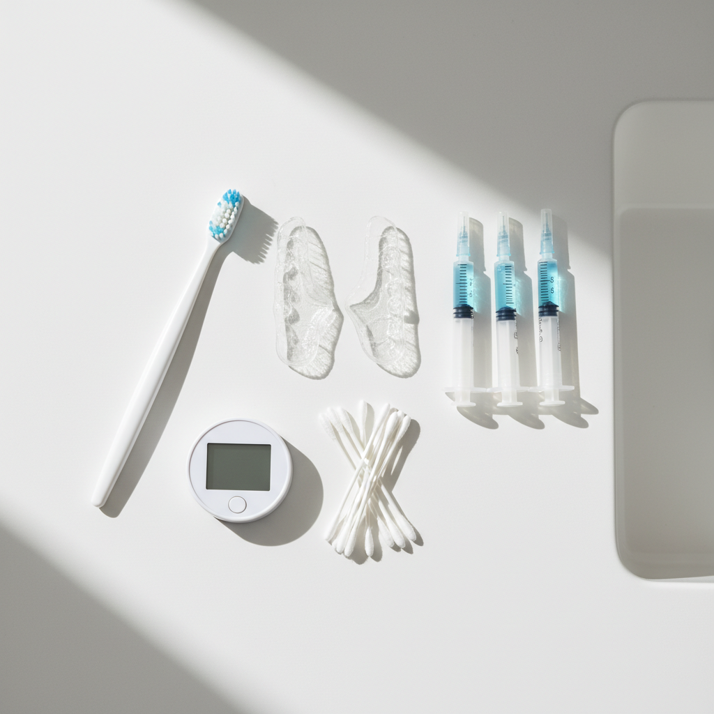 at-home teeth whitening kit with custom trays and gel syringes on a clean bathroom counter