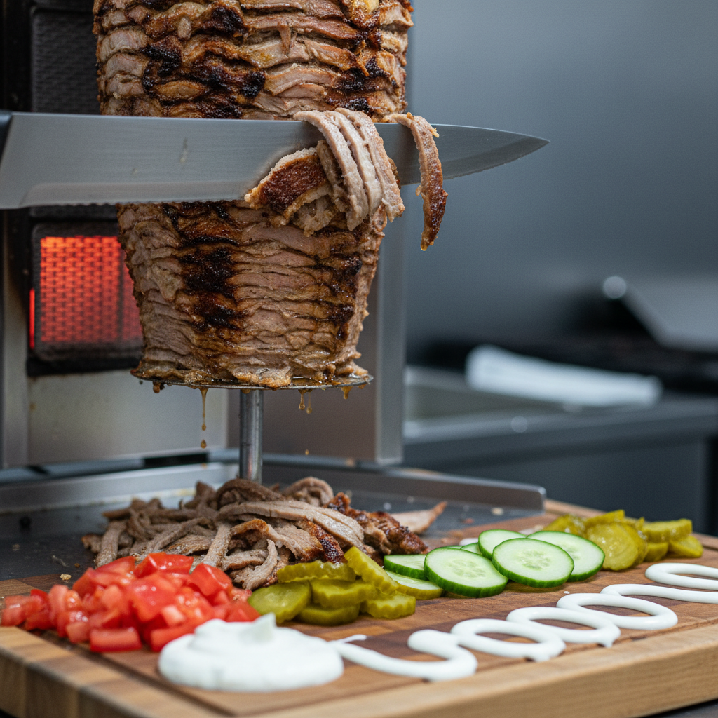 Close-up of authentic shawarma carved from rotisserie for office lunch catering ideas in Toronto