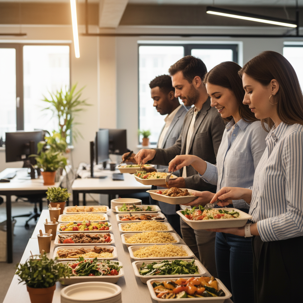 Coworkers serving from a shawarma buffet line during an office lunch in Toronto