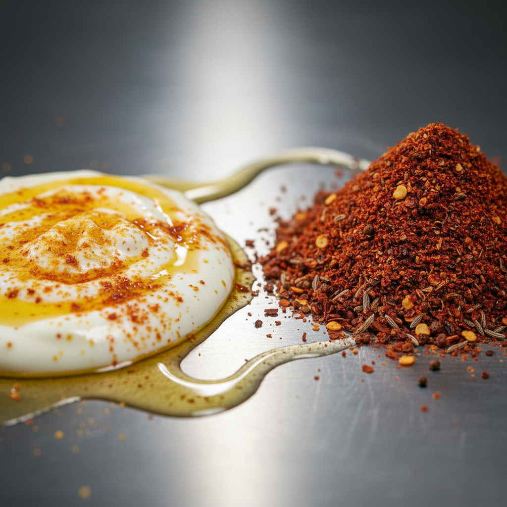 Close-up of shawarma marinade and Turkish kebab spice mix with garlic, cumin, sumac, paprika and olive oil on a stainless counter