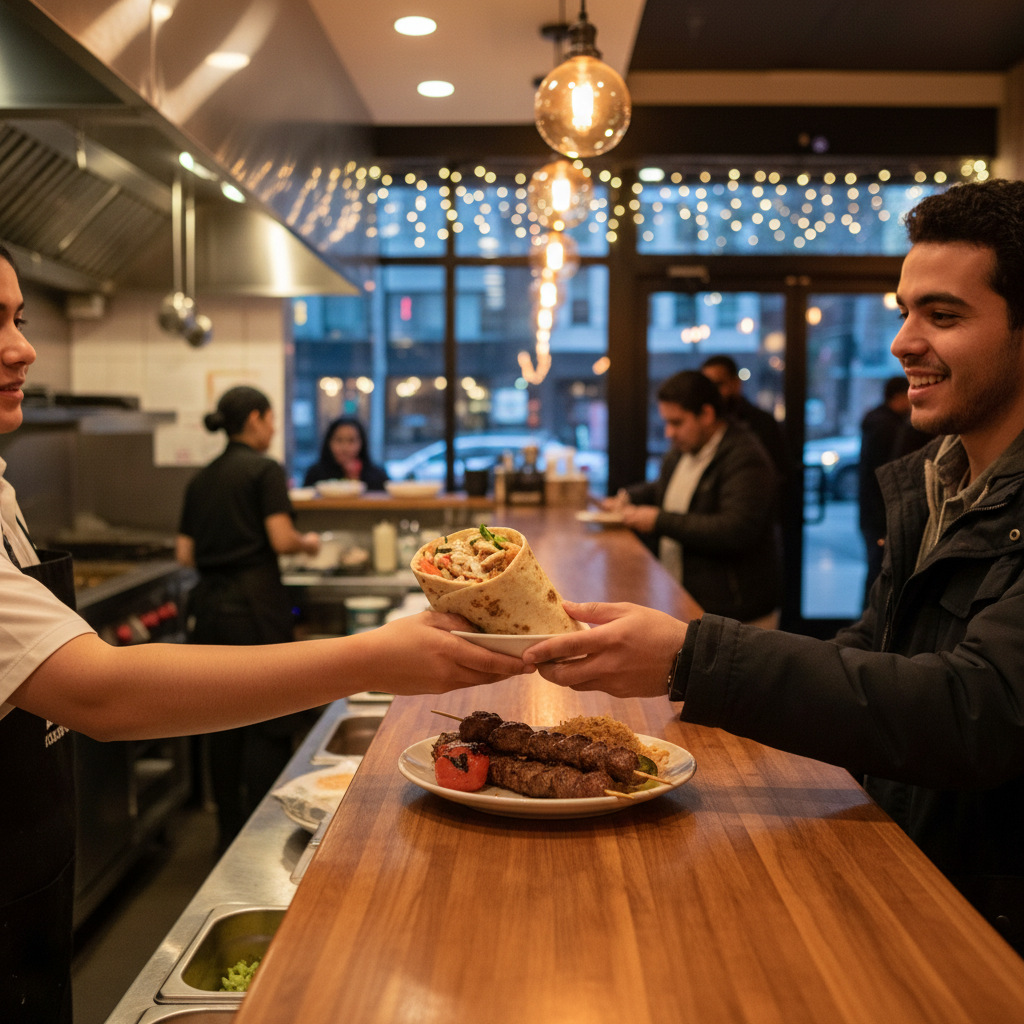 Side-angle view of a takeout shawarma wrap and grilled kebab plate being handed to a customer at a busy College Street counter in Toronto