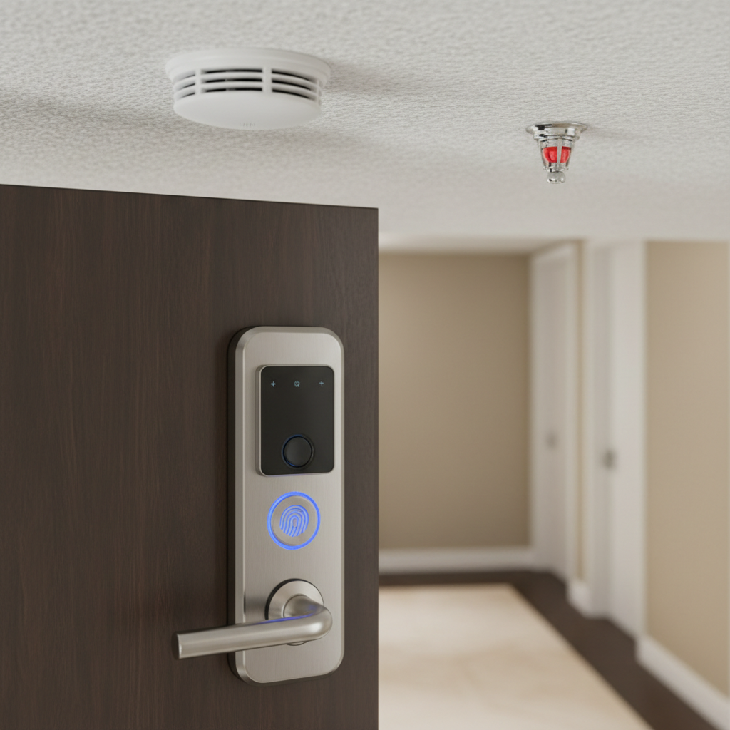 Condo insurance coverage guide detail: smart lock, smoke detector, and sprinkler head inside a modern condo unit for safety and risk control