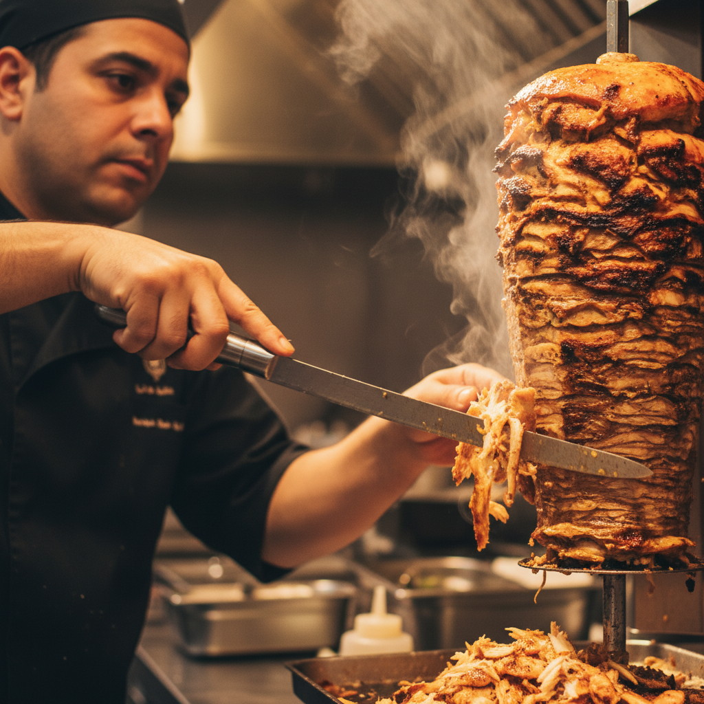 Close-up of chef carving chicken shawarma for Toronto party catering, highlighting crispy edges and steam for authentic Turkish flavors
