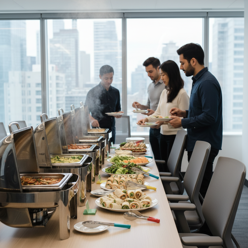 Corporate lunch catering scene in a Toronto conference room with shawarma, salads, and guests serving themselves efficiently
