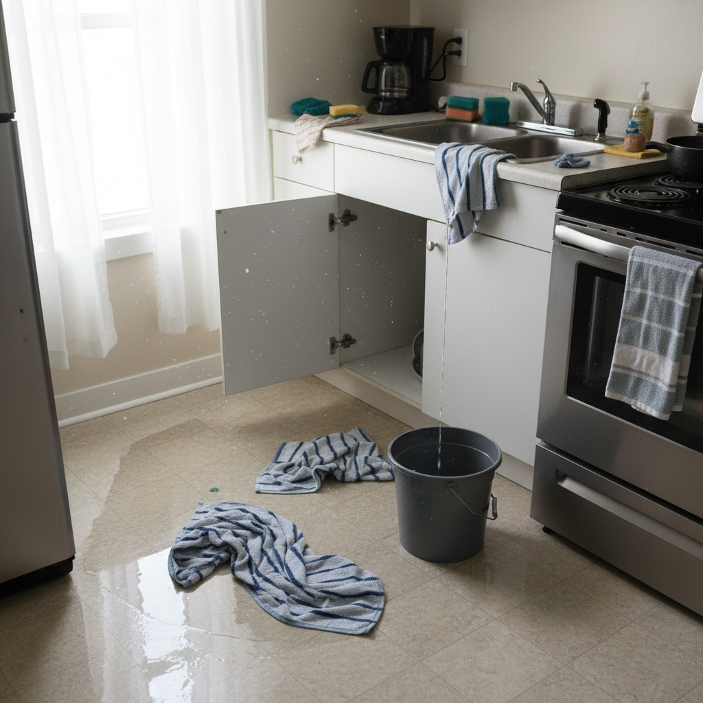Top-down view of a small kitchen water leak in a rental, illustrating Ontario renter water damage risks and endorsements