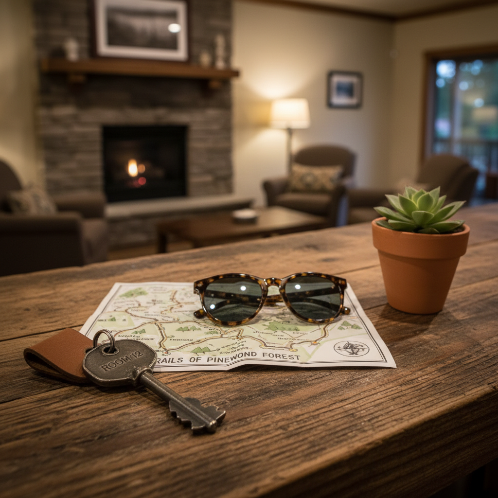 North Conway motel booking tips close-up of front desk key, local hiking map, and travel essentials at Briarcliff Motel