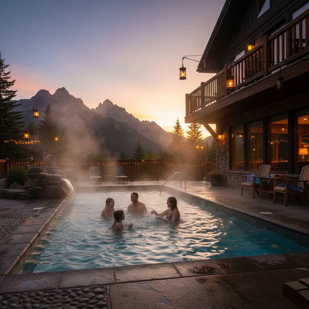Family enjoying heated outdoor pool at Briarcliff Motel in North Conway with mountain backdrop at sunset