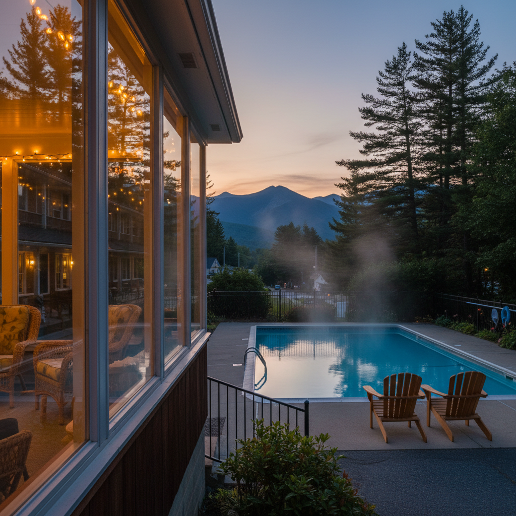 Enclosed porch at a North Conway motel facing a heated outdoor pool with mountain silhouettes at twilight