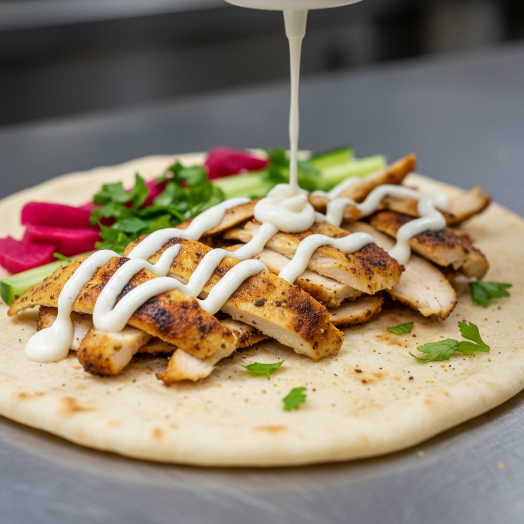 Close-up of a custom shawarma wrap being assembled with garlic sauce, pickled turnips, and chicken shawarma for Toronto pickup or delivery