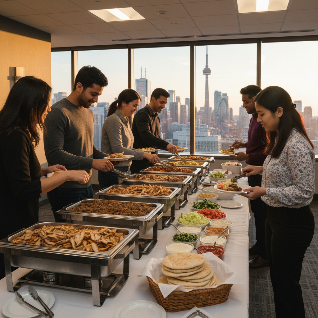 DIY shawarma bar catering setup in a Toronto office with trays of proteins, toppings, and warm pita for a build-your-own wrap experience