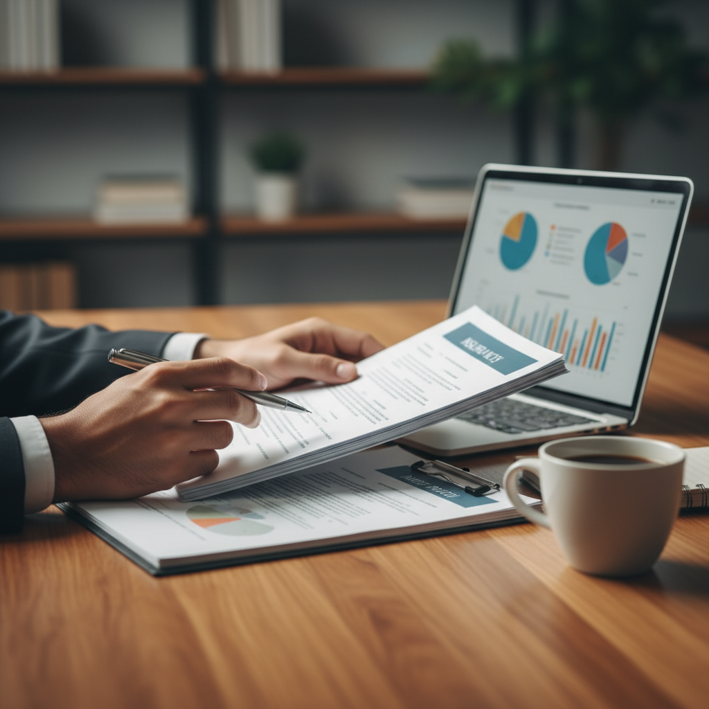 close-up of broker reviewing Ontario small business insurance policy documents with laptop and pen, showing coverage details for general liability and property