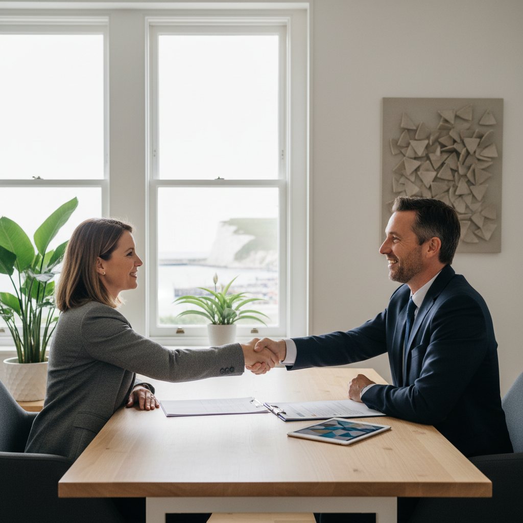 small business owner meeting broker in Whitby office, discussing Ontario commercial insurance options and comparing coverage on a tablet