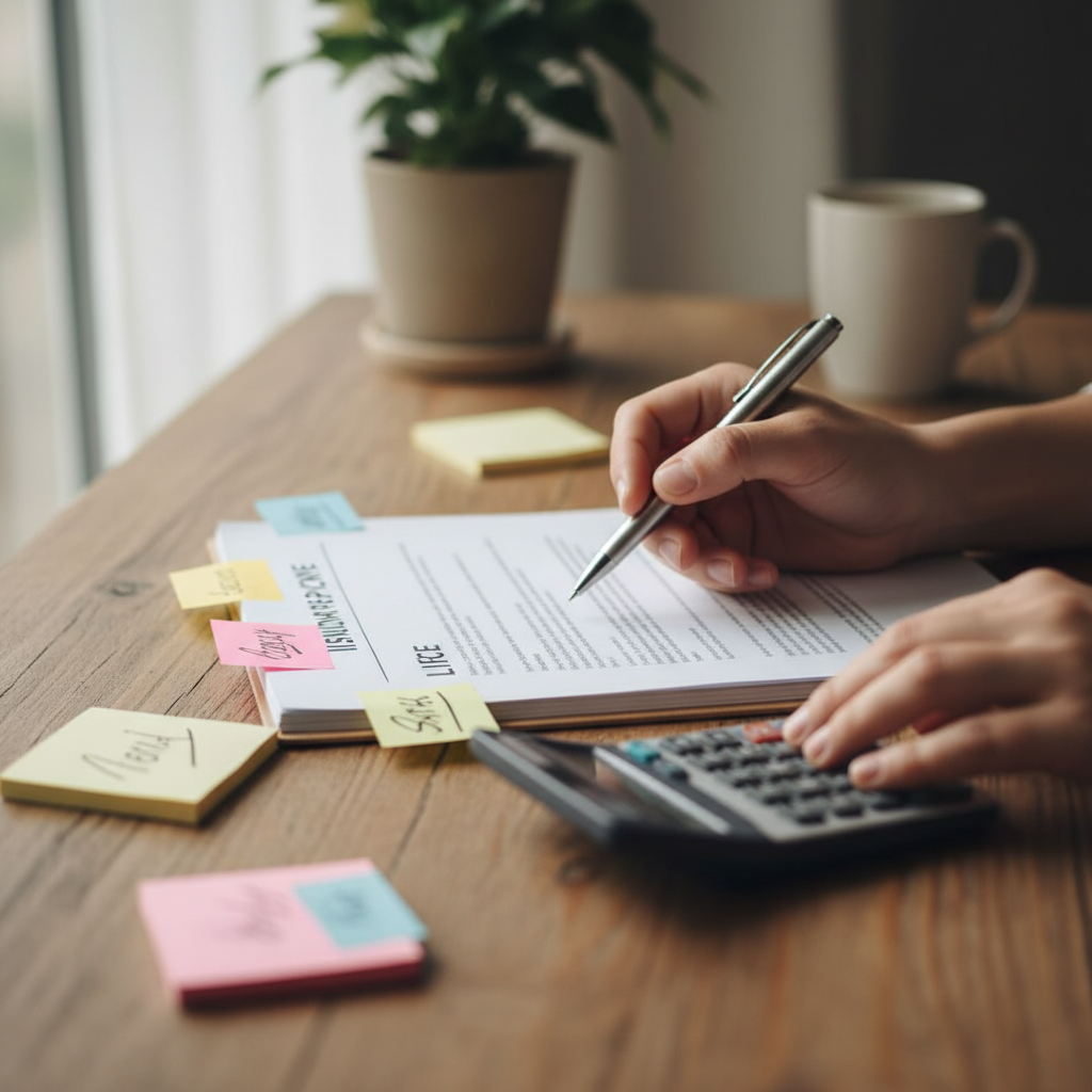 Close-up of hands reviewing a life insurance policy and calculator, illustrating Ontario life insurance planning steps