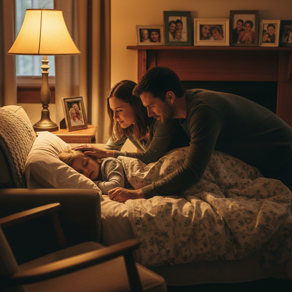 Parents tucking in a child at home, representing family protection and life insurance planning in Ontario