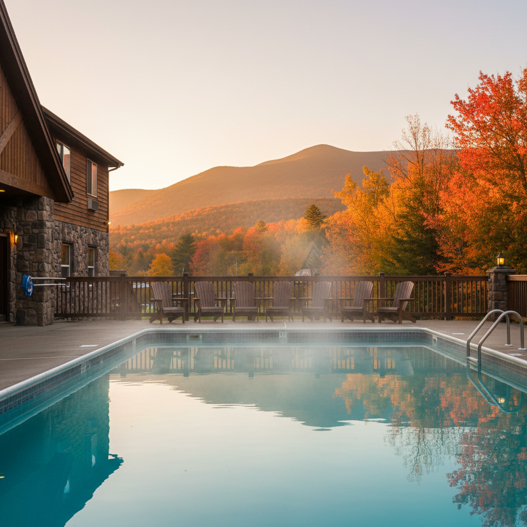 Outdoor heated pool at a North Conway motel with steam at sunrise and mountain backdrop, ideal for mountain view room photography guide scenes