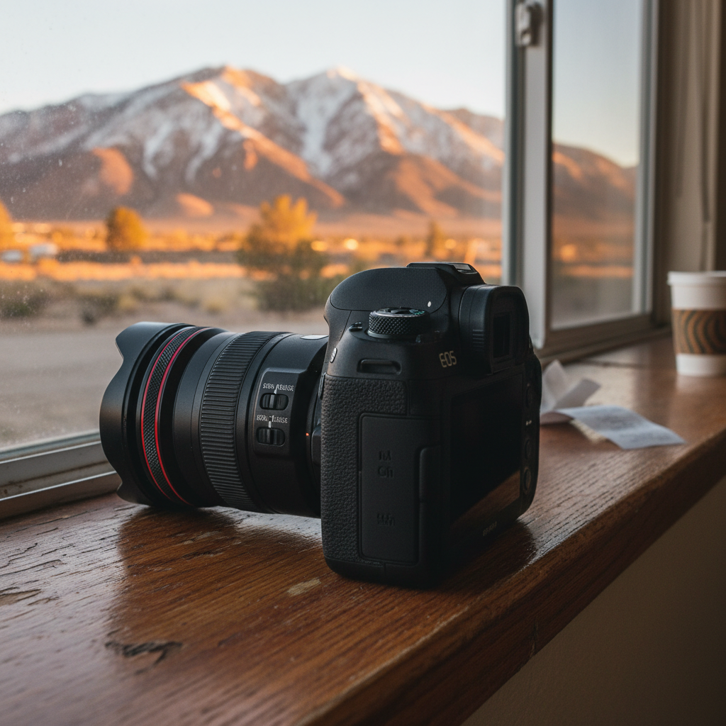Close-up of a camera on a Briarcliff Motel windowsill aiming at White Mountain ridges, demonstrating mountain view room photography guide techniques