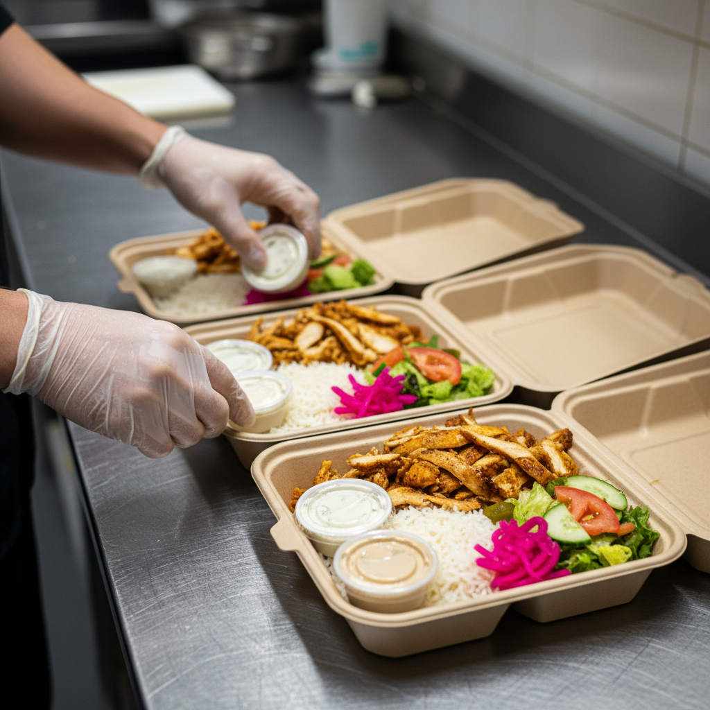 Close-up of shawarma corporate lunch boxes with rice, salad, sauces, and eco-friendly packaging for Toronto office catering