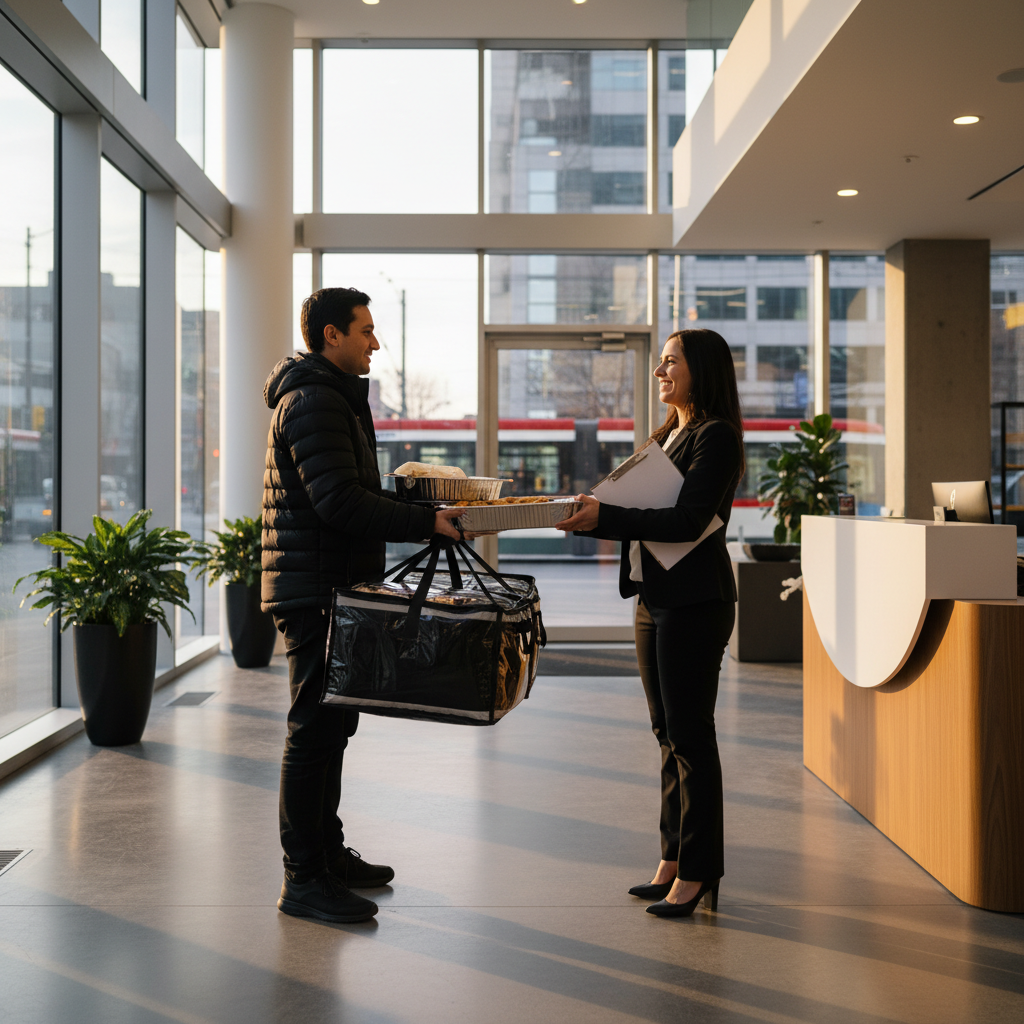 Catering delivery handoff in a modern Toronto office lobby near College Street, insulated bags and trays for corporate events