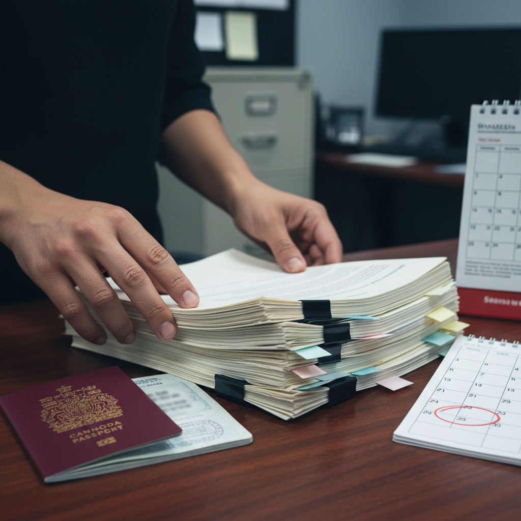 Close-up of organized immigration appeal documents with Canadian passport and calendar, illustrating how to appeal immigration decision Canada
