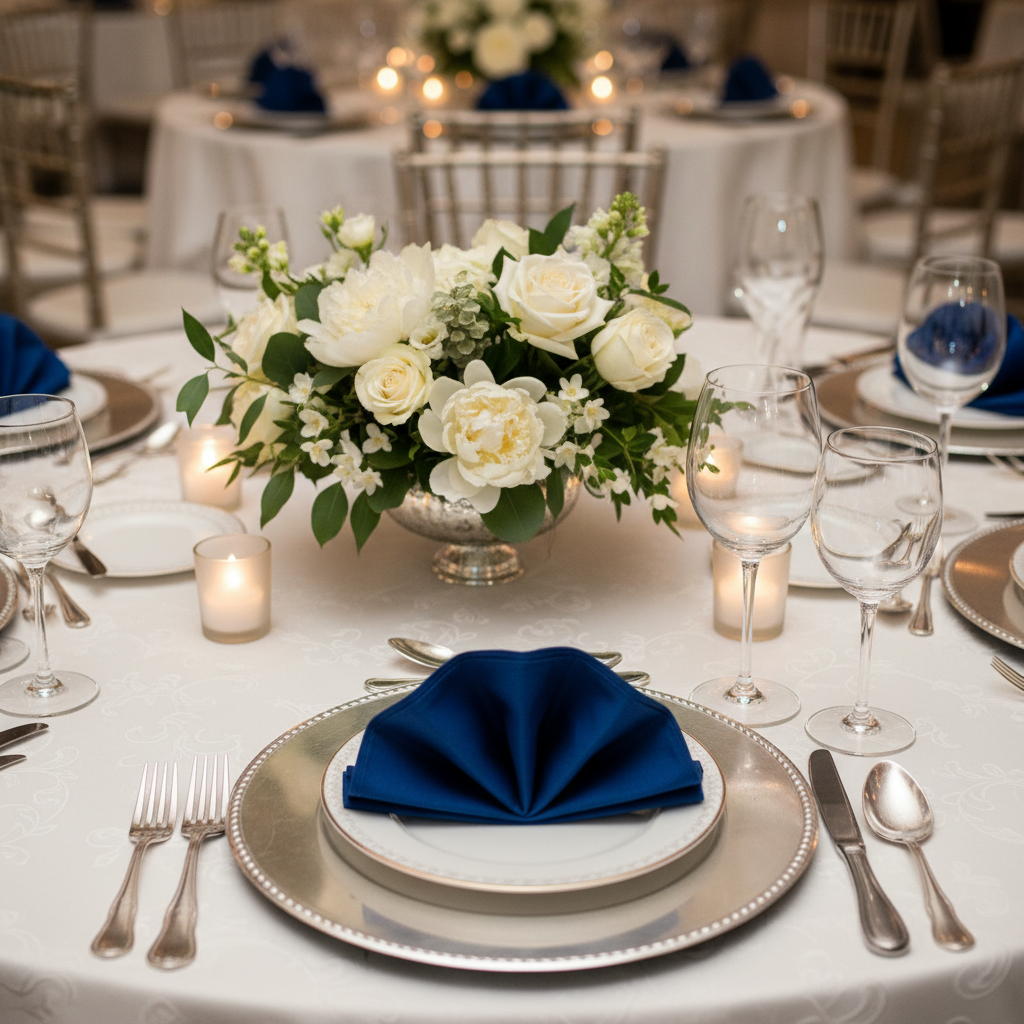 close-up banquet table setting in Mississauga event venue with crystal glassware and floral centerpiece