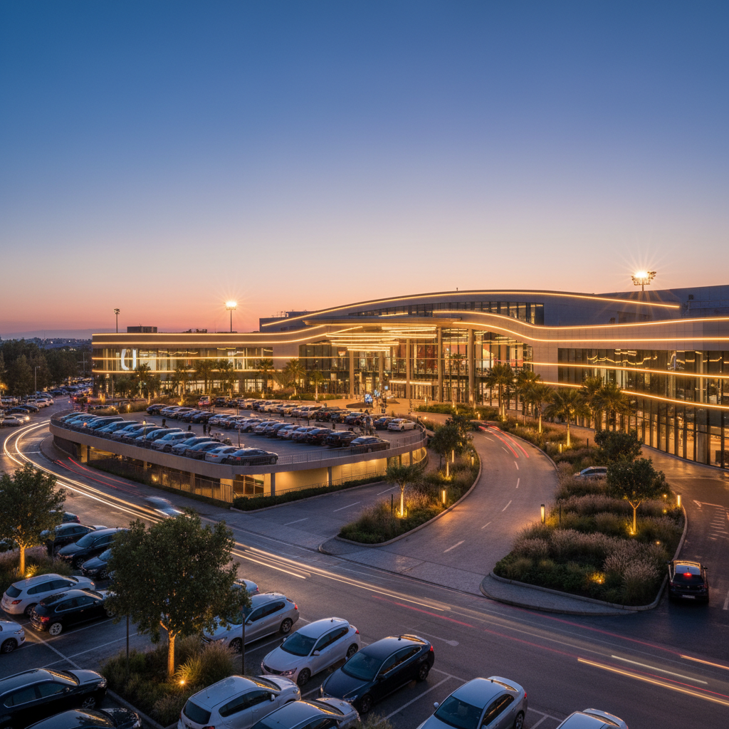 exterior event venue in Mississauga at dusk showing on-site parking and warm entrance lighting