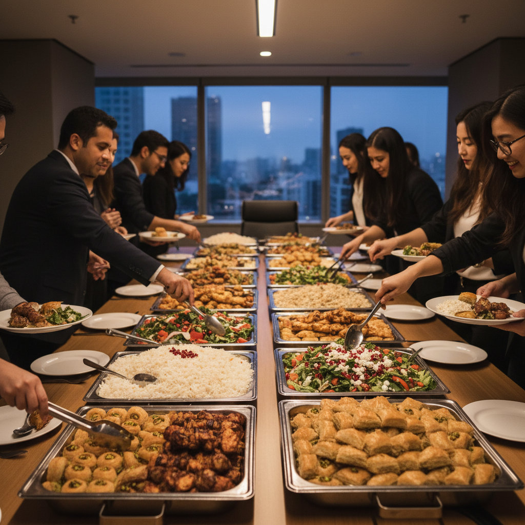 catering trays with Turkish dishes set up for a corporate meeting in Toronto, including rice pilaf, grilled meats, colorful salads, and baklava