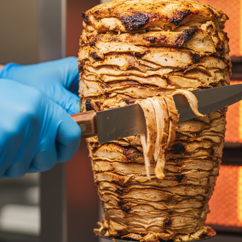 close-up of authentic chicken shawarma shaved from vertical rotisserie showing spices and caramelized edges