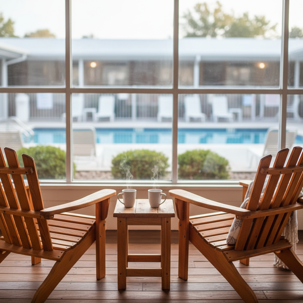 detail of enclosed porch motel room seating with windows facing heated outdoor pool in North Conway, showcasing enclosed porch motel rooms benefits