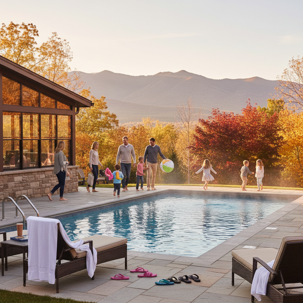 family-friendly enclosed porch motel room scene leading to heated outdoor pool in North Conway, demonstrating enclosed porch motel rooms benefits