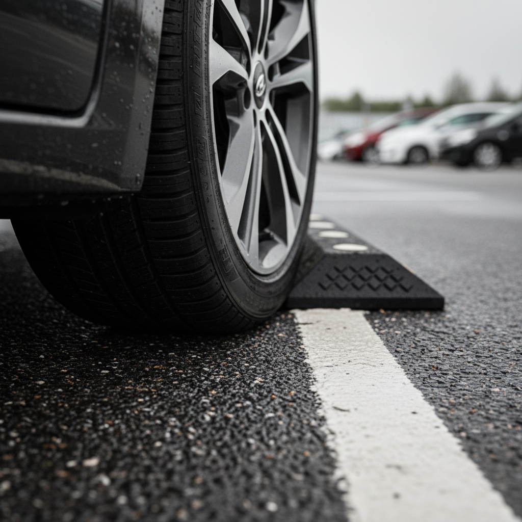 Close-up of a car tire aligned within motel parking lines and wheel stop, illustrating a motel parking convenience checklist technique