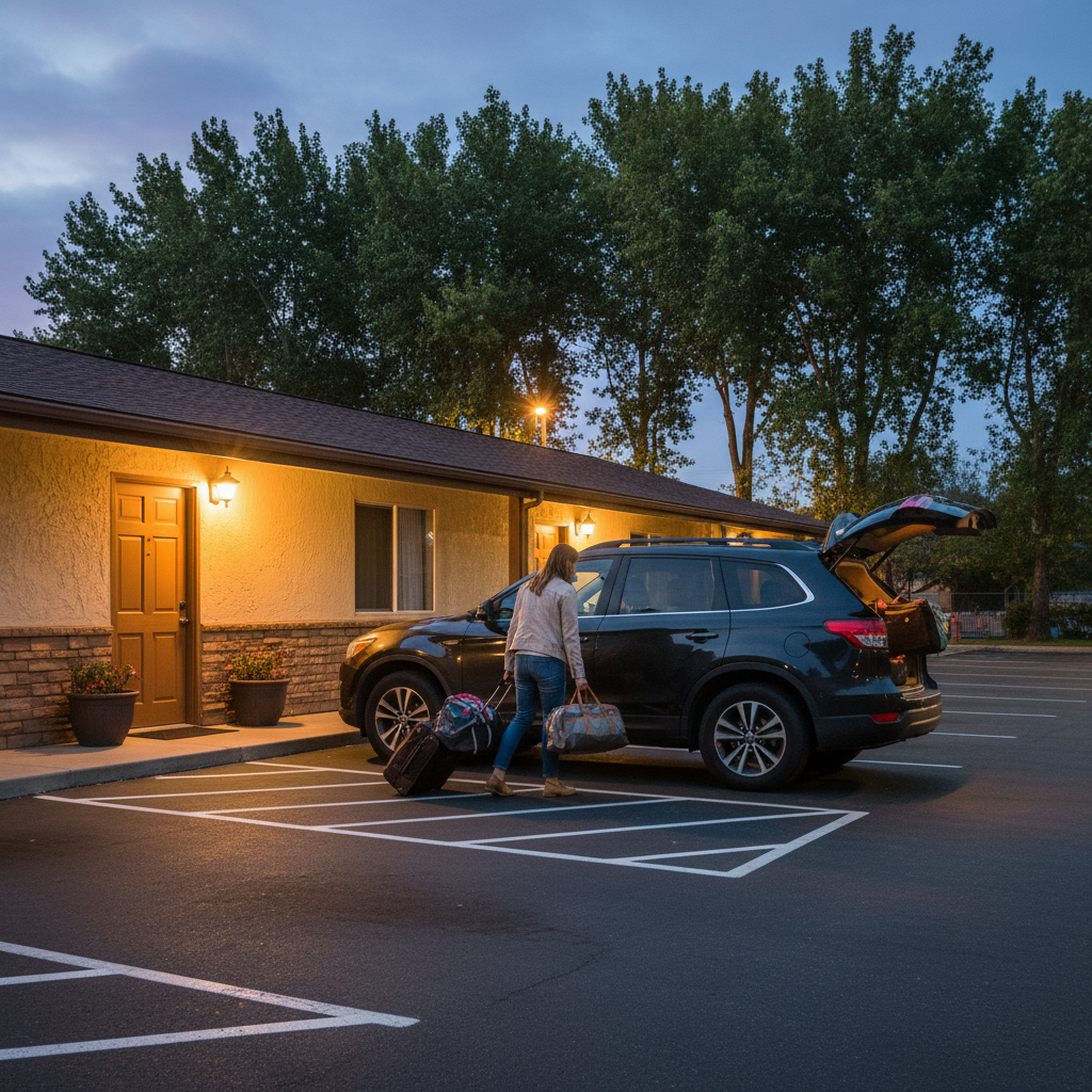 Evening arrival at a North Conway motel showing well-lit parking near room doors for convenient unloading