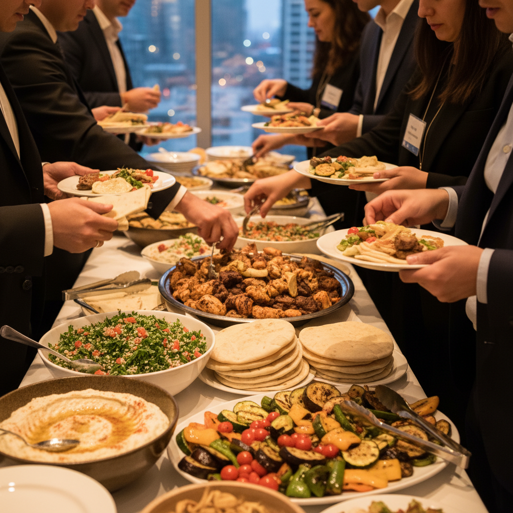Corporate buffet with shawarma wraps, mezze, and salads in Toronto for large group catering