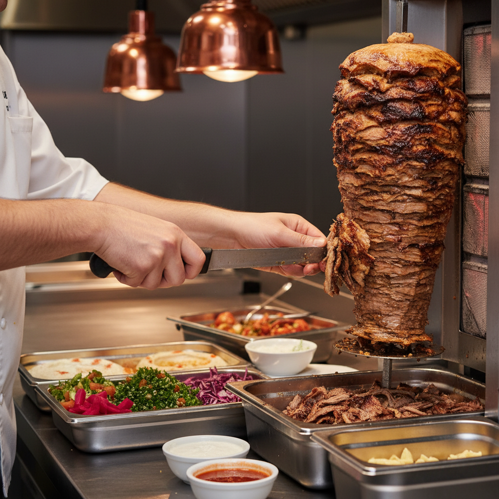 Chef slicing shawarma for Toronto catering trays, best catering for large groups Toronto