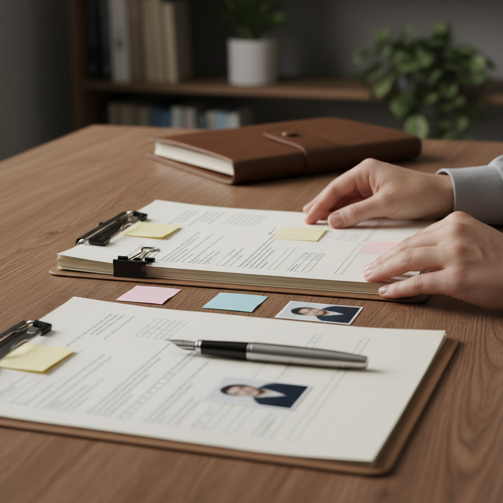 Close-up of hands organizing refugee appeal documents in Ontario with legal forms and evidence for RAD