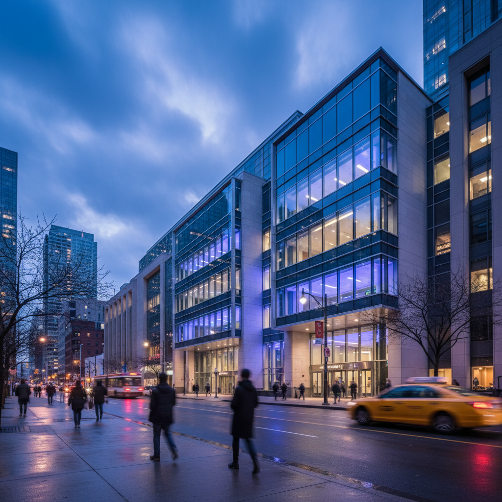 Canadian courthouse exterior at dusk representing Federal Court judicial review for refugee appeals