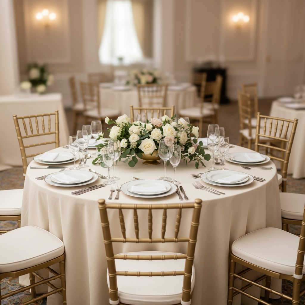 Close-up of banquet table spacing for wedding capacity planning with gold chiavari chairs and precise place settings