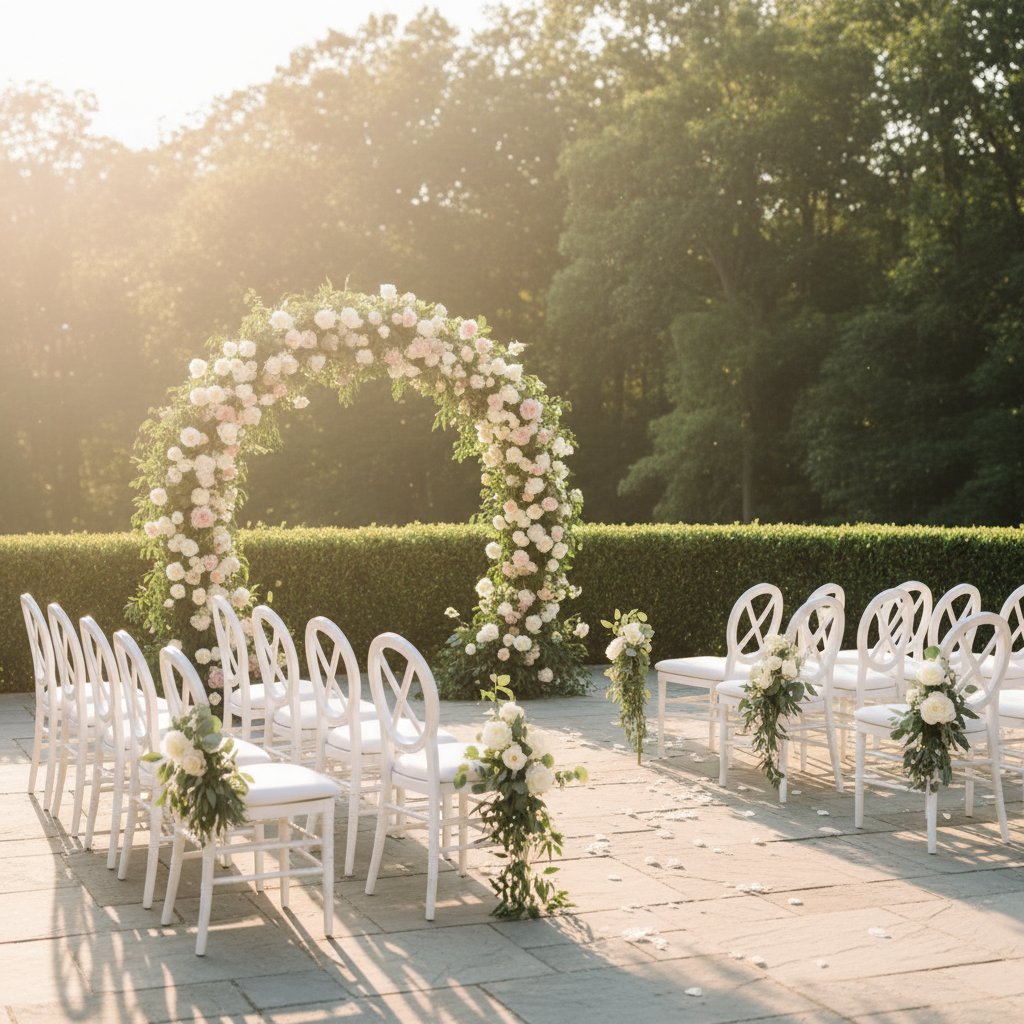 Outdoor wedding ceremony patio with evenly spaced chairs and floral arch at golden hour for guest capacity planning