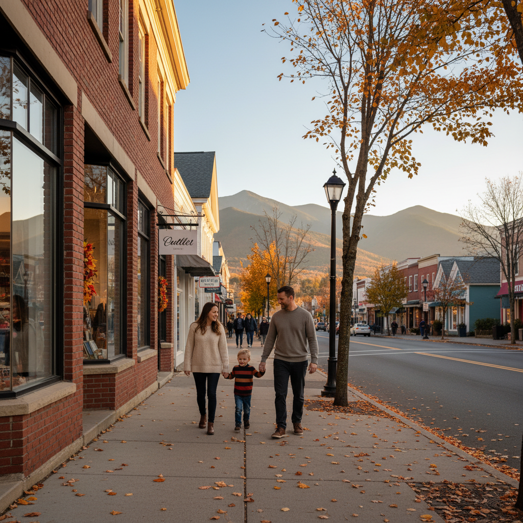 Main Street North Conway shopping scene near Briarcliff Motel, ideal for family strolls during a White Mountains vacation
