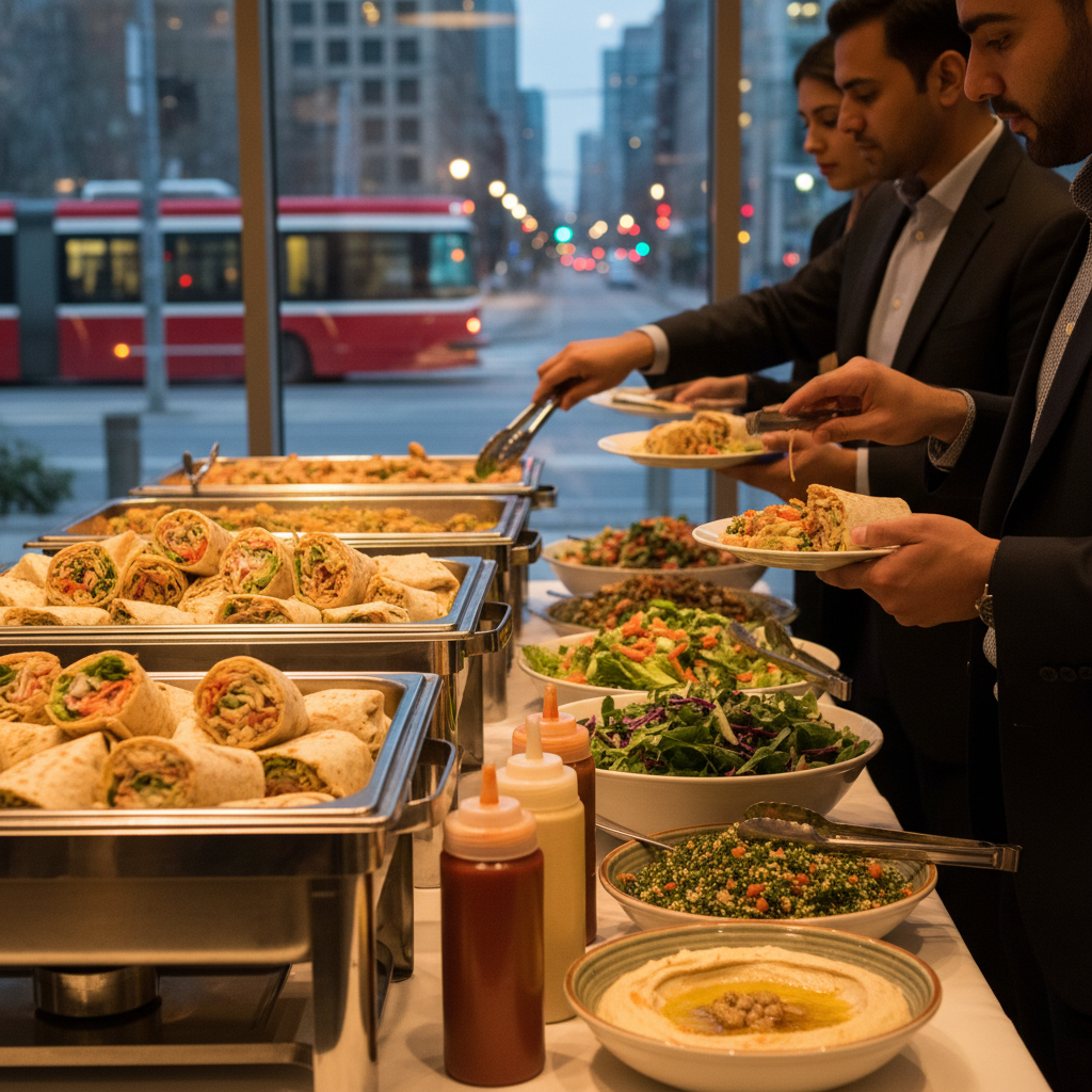 Toronto corporate catering buffet with shawarma wraps and assorted homemade sauces, side-angle photorealistic