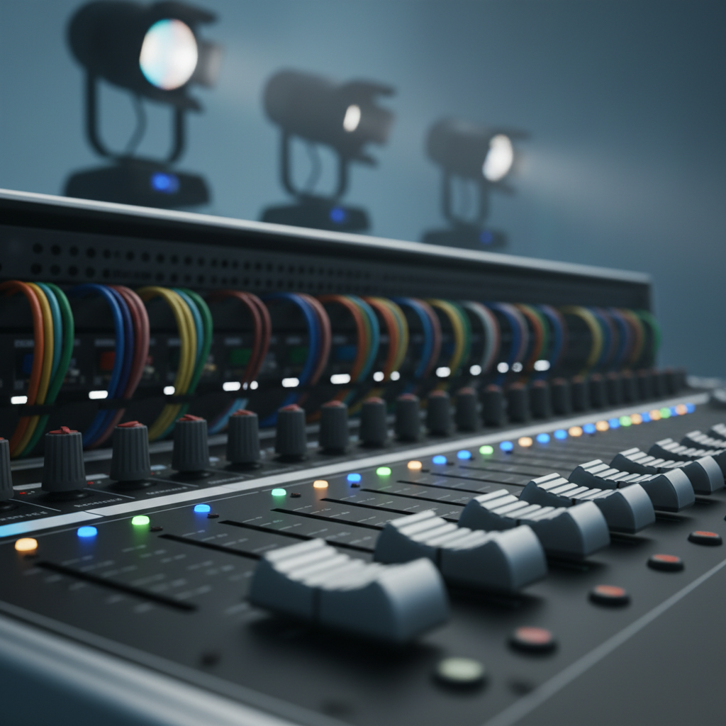 Close-up of professional AV mixing console and lighting gear for corporate event in Mississauga