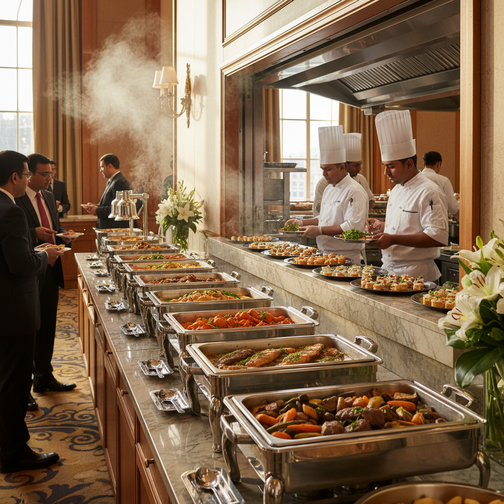 Upscale corporate catering buffet with Halal and Continental dishes at a Mississauga event venue