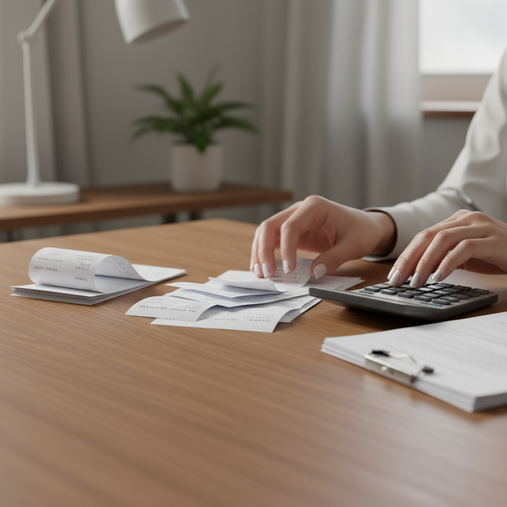 Close-up of organized receipts and calculator for how to optimize business tax deductions