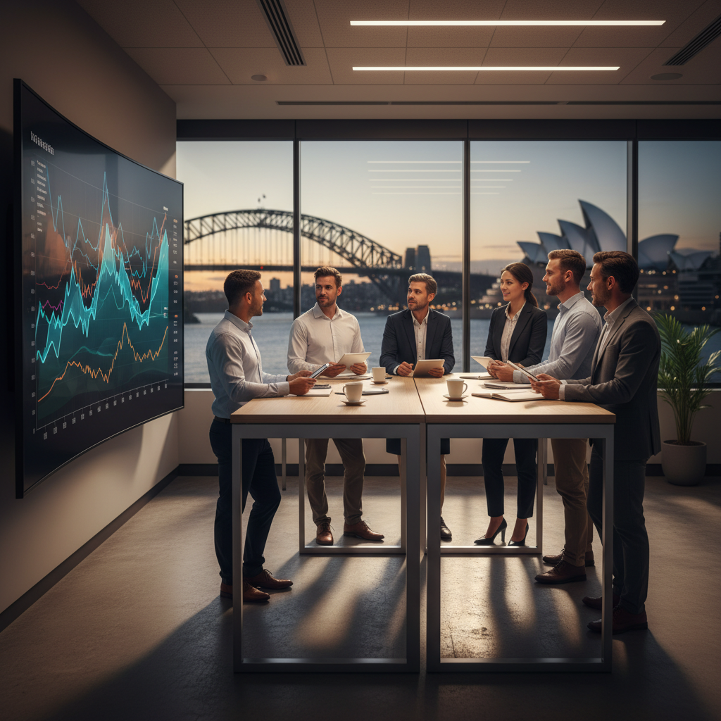 Finance team collaborating around digital dashboards in a modern Sydney office, reflecting cloud bookkeeping best practices for small businesses