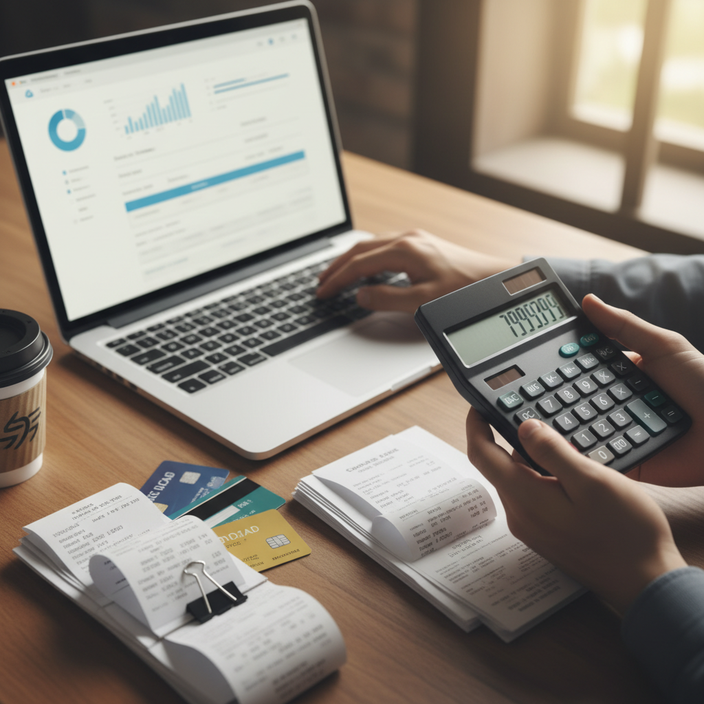Close-up of hands reconciling transactions in cloud accounting software with calculator and receipts, illustrating small business accounting best practices