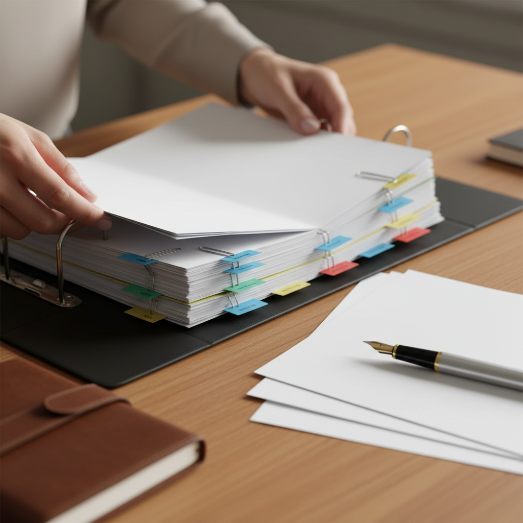Close-up of hands organizing a corporate compliance checklist binder with tabs and documents